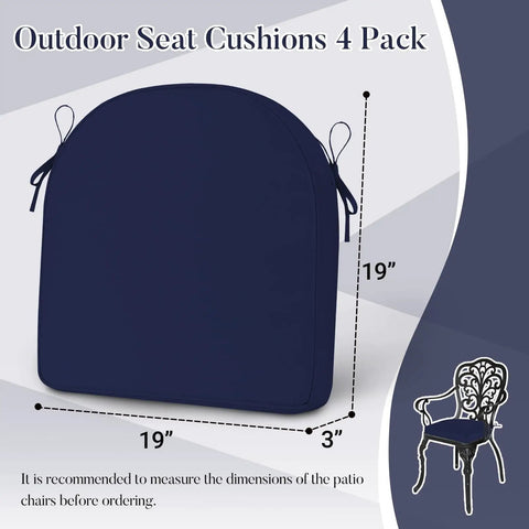 Outdoor Cushions For Patio Furniture Set Of 4 19 By 19 By 3 Inch Thick Waterproof And UV Resistant Navy Blue Chair Cushions With Adjustable Ties And Durable Handle For Superior Comfort And Easy All Weather Use, front view.