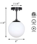 Semi Flush Ceiling Light With Globe White Glass Shade In Dope Matte Black Finish, 1 Light Modern Fixture Dimensions and Specs