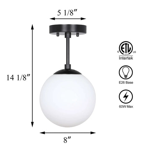 Semi Flush Ceiling Light With Globe White Glass Shade In Dope Matte Black Finish, 1 Light Modern Fixture Dimensions and Specs