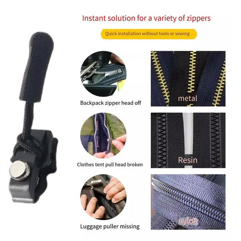 12 Piece Zipper Repair Kit With Quick Install Detachable Pulls In 3 Different Sizes For Jackets Luggage And Bags No Sewing Needed Works On Metal Or Plastic Zippers Simple DIY Fix shown with various zipper types
