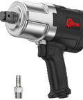 Pro Grade Three Quarter Inch Air Impact Wrench With Twin Hammer Drive Delivering 2100 Ft Lbs Of Raw Torque At 6000 Rpm Free Speed side view of wrench with handle and air fitting.