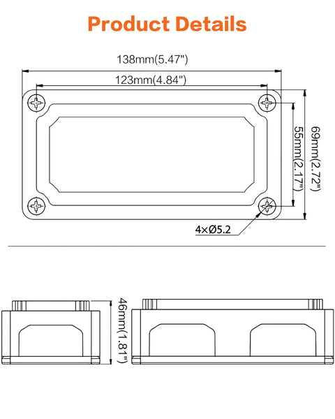 Built Tough 300A Waterproof Power Distribution Block With Four 5/16 M8 Terminal Studs dimensions illustration with measurements and details.