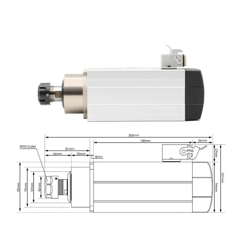 Top Shelf Heavy Duty Two Point Two Kilowatt Cnc Router Spindle With Er Twenty Five Chuck Air Cooled Ceramic Bearings Sub Zero Point Zero One Runout Vfd Inverter Included Runs Smooth For Fast Woodworking Jobs, side view with dimensions.