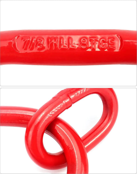 Close-up of red G80 Chain Sling Ring Oblong Master Link Hoist Ring with 8 Ton Capacity marking, heavy duty steel connector for lifting.