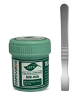 Lead Free No Clean SMD Solder Paste For Phone Repair With Tin 99 Percent Silver 0.3 Percent Copper 0.7 Percent Alloy 217 Degree Celsius High Temperature Bright Weld Point Strong Viscosity 50g Bottle For Quick Clean Joints next to a metal spatula on a white background