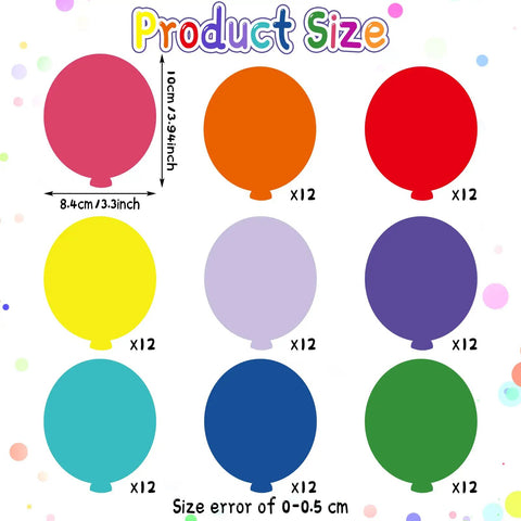 Colorful Balloon Cutouts For Classrooms And DIY Projects shown in 9 colors, each 10cm, material not detailed, quantity 108