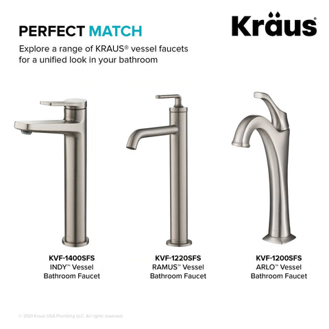 Three Kraus vessel bathroom faucets in brushed nickel finish displayed side by side with model names and codes.