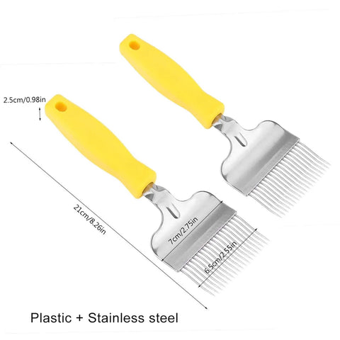 Stainless Steel Honeycomb Uncapping Fork with plastic handle, size 21x7cm, durable hive tool for beekeeping inspections and capping removal