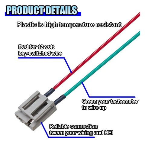 Heavy Duty HEI Distributor Pigtail Wire Harness With Clear Green And Red Tach Meter And 12V Battery Plugs close-up of wiring connections.