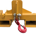 Heavy Duty Bidirectional Telescoping Forklift Jib Boom 5 Ton Crane Attachment showing red hook and dual fork base.
