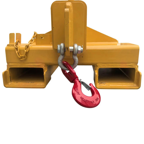 Heavy Duty Bidirectional Telescoping Forklift Jib Boom 5 Ton Crane Attachment showing red hook and dual fork base.