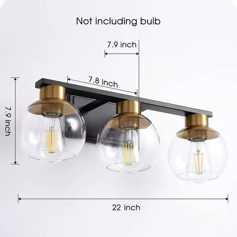 Three Light Black And Gold Vanity Light For Bathrooms Over Mirror With Globe Glass Shades, 22 Inch Modern Wall Sconce, E26 Base, Bulbs Not Included, Ideal For Bathroom, Hallway Or Bedroom