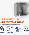 Heavy Duty Gray Weatherproof Electrical Junction Box With Hinged Lid And Nema 4x Polycarbonate Construction Outdoor Cabinet opened, showing interior details.