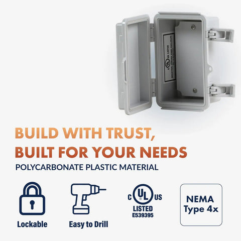 Heavy Duty Gray Weatherproof Electrical Junction Box With Hinged Lid And Nema 4x Polycarbonate Construction Outdoor Cabinet opened, showing interior details.