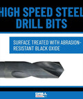 Drill America front view: high-speed steel drill bits packaging with blue label and black oxide finish