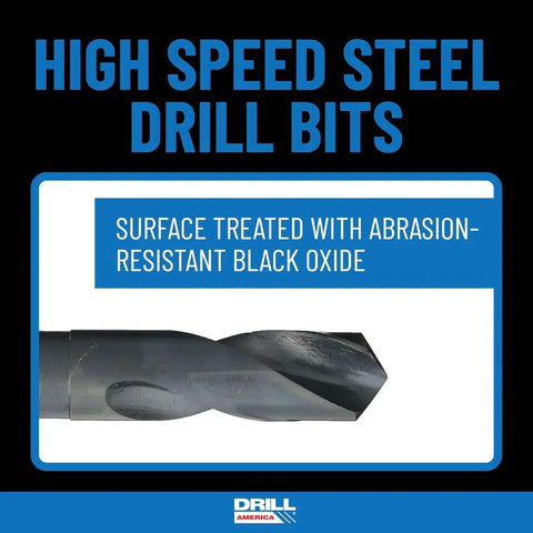 Drill America front view: high-speed steel drill bits packaging with blue label and black oxide finish