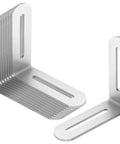 Ten Piece Brushed Stainless Steel L Brackets Showing Up In Three Inch Slotted Designs For Rock Solid Corner Reinforcement On Tables And Shelves That Will Never Back Down Under Heavy Loads, showcasing brushed metal corner braces.