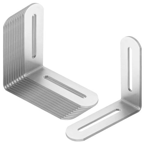 Ten Piece Brushed Stainless Steel L Brackets Showing Up In Three Inch Slotted Designs For Rock Solid Corner Reinforcement On Tables And Shelves That Will Never Back Down Under Heavy Loads, showcasing brushed metal corner braces.