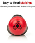 Torx T20 High-Torque Screwdriver With Three-Sided Handle tip close-up with easy-to-read markings, Model DHT31200, Made In USA