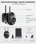 Solar Powered Wireless Outdoor Security Camera System With 360 Degree PTZ, Spotlight And Siren, 5MP Color Night Vision components