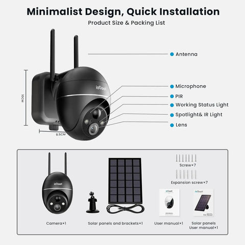 Solar Powered Wireless Outdoor Security Camera System With 360 Degree PTZ, Spotlight And Siren, 5MP Color Night Vision components