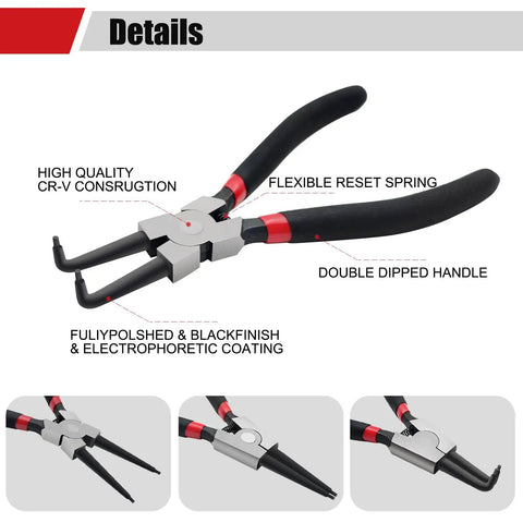4 Pack 7 Inch Snap Ring Pliers Set With Storage Pouch Heavy Duty Internal And External Circlip Pliers Kit With Straight And Bent Jaw And Spring Loaded Mechanism Ring Remover And Retaining Tool showing flexible reset spring and double dipped handle.