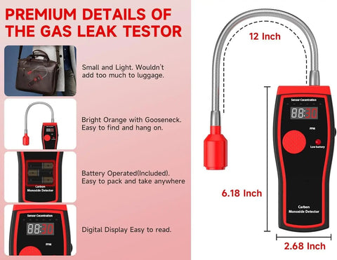 Portable 3 In 1 Carbon Monoxide And Carbon Dioxide Detector With 12 Inch Bendable Probe Battery Operated Handheld Alarm