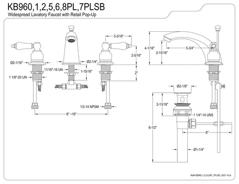 Technical diagram of Polished Brass Widespread Lavatory Faucet With 8 Inch Adjustable Centers, Built To Last Brass Construction