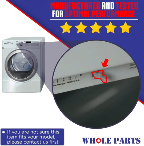 Close-up of Bosch dryer showing where Beefed-Up Dryer Door Latch Replacement 00491673 fits, with installation guide.