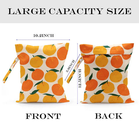 Front and back view of Waterproof Wet Bag For Swimsuits And Travel, Large 26x32 Cm With Handle, Reusable, Orange Strawberry Print