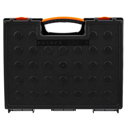 19 Removable Compartments Small Parts Organizer Box With Customizable Storage Grab-And-Go Portable Hardware Case Durable Plastic Construction Secure Locking Lid Black And Orange 16.5 By 13.2 By 2.4 Inches front view