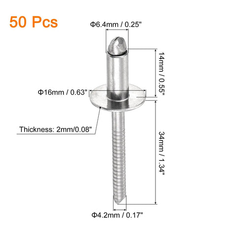 Heavy Duty 304 Stainless Steel Large Flange Round Head Blind Rivets 1/4X1/2 Inches 50 Pcs Pack dimensions and details.