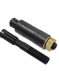 Harley inner cam bearing installer puller set, two-piece black steel sleeves with threaded shaft and brass nut.