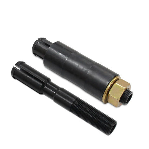 Harley inner cam bearing installer puller set, two-piece black steel sleeves with threaded shaft and brass nut.