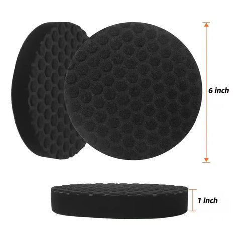 Badass 6-Inch Foam Buffing Pads for Cars, black polyurethane pads shown from side and top view, 1 inch thick, for polishing.