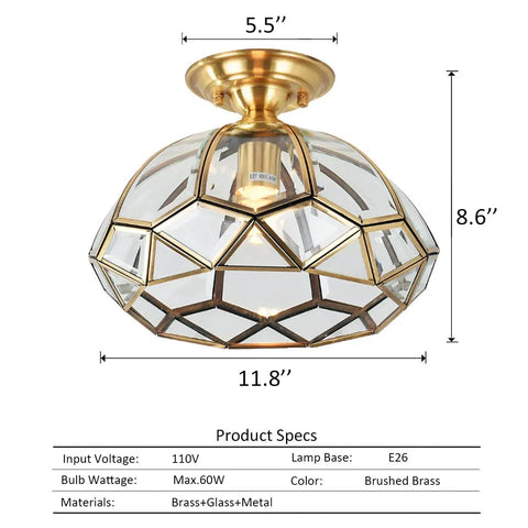 Focus keyword: 12 Inch Vintage Brass Semi Flush Mount Ceiling Light With Diamond Glass Dome Gold Copper Finish For Bedroom Kitchen Dining Hallway And Entryway Lighting A Dope Retro Modern Diamond Sparkle Fixture That Elevates Any Space. Image shows dimensions and materials of light fixture with brass finish and diamond glass dome.