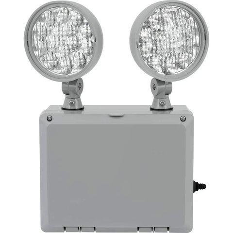 Front view of LED Emergency Unit for Commercial Spaces, Dual Voltage 120/277V AC, 90 Minute Run Time with Long-Life NiCd Battery, Compact Gray Housing