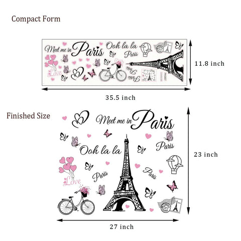 Dope Eiffel Tower Wall Decals Set With Balloons And Butterflies Removable Self Adhesive Vinyl Stickers for Kids 27x23 inches compact to finished size