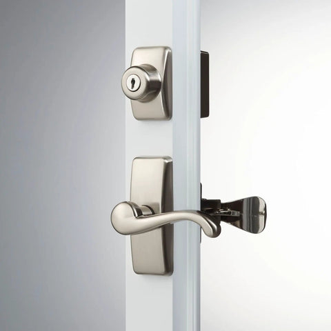 Storm Door Lever Set With Keyed Deadbolt Lock In Satin Nickel, 4 Piece Replacement Kit For Screen And Storm Doors installed view