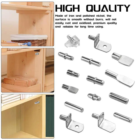 Dang Sturdy Nickel Plated Shelf Pin Kit With Seven Styles Of Heavy Duty Support Pegs For Cabinets Closets And Bookshelves Easy To Mount, showing various shelf pins and mounting hardware.