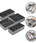 Four Piece Slick Underwear Storage Organizers Featuring Nifty Grid Layouts For Foldable Oxford Fabric Drawer Bins And Wardrobe Packing Boxes.