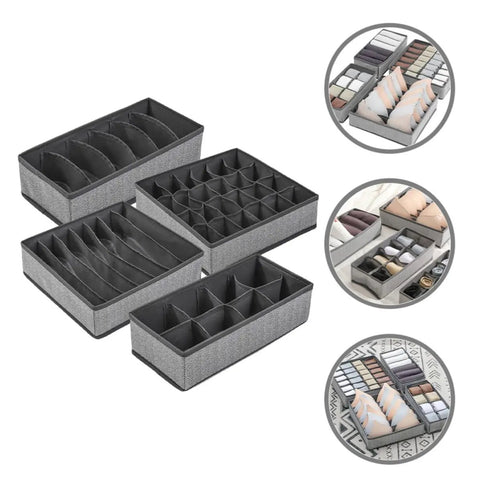 Four Piece Slick Underwear Storage Organizers Featuring Nifty Grid Layouts For Foldable Oxford Fabric Drawer Bins And Wardrobe Packing Boxes.