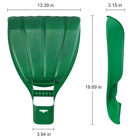 Heavy Duty Leaf Scoops And Hand Rake Claw For Easy Yard Cleanup shown with dimensions 13.39 x 19.69 inches in green plastic