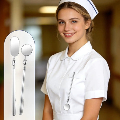 Nurse holding a Five Piece Telescoping Inspection Mirror Set with flexible stainless steel handles, shown with 360-degree rotation.
