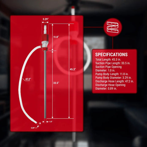 Specifications of Food Grade BPA Free 55 Gallon Drum Water Pump For Emergencies Disaster Ready Manual Hand Siphon shown by diagram.