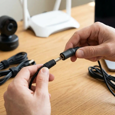 High Performance 18AWG DC Power Extension Cable 5.5mm X 2.1mm Male To Female Power Lead being connected by hands.