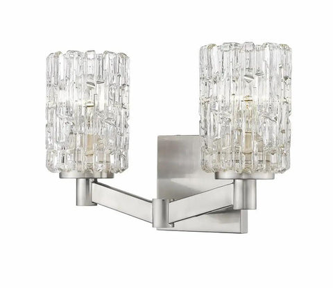 Two Light Vanity Fixture with Crystal Glass Shades in Chrome Finish, Modern Luxe Bath Light for Transitional Spaces, front view.