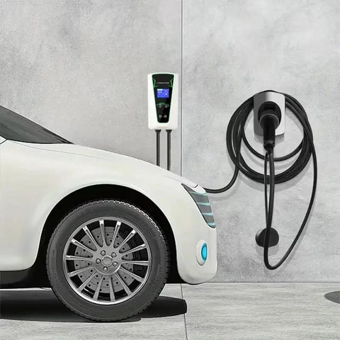Wall Mounted EV Charger Station Smart 7Kw Single Phase Adjustable 8 To 32Amps Wifi Bluetooth Rfid Enabled 5Meter Tethered Cord Ip65 Waterproof Lcd Display Plug And Go Garage Ready next to an electric vehicle with tethered cord.