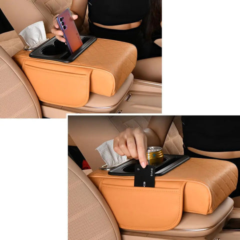 Tan 5 In 1 Armrest Cushion Organizer For Sedans With Side Storage Pockets Cup Holder Tissue Box Slot Phone Slot