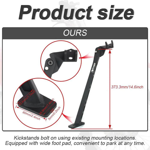 Product size diagram of Aluminum Dirt Bike Kickstand For CRF250R CRF450X CRF450R CR125 CR250 with measurements indicated